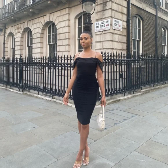 Vesper Black bodycon Bardot Midi Dress - Picture 3 of 6